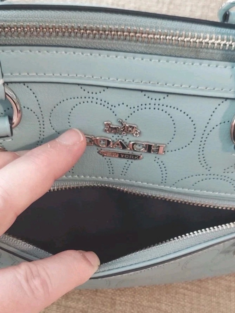 Coach Rowan Sky Blue Perforated Leather Bag with Scarf Accent - Picture 12 of 16